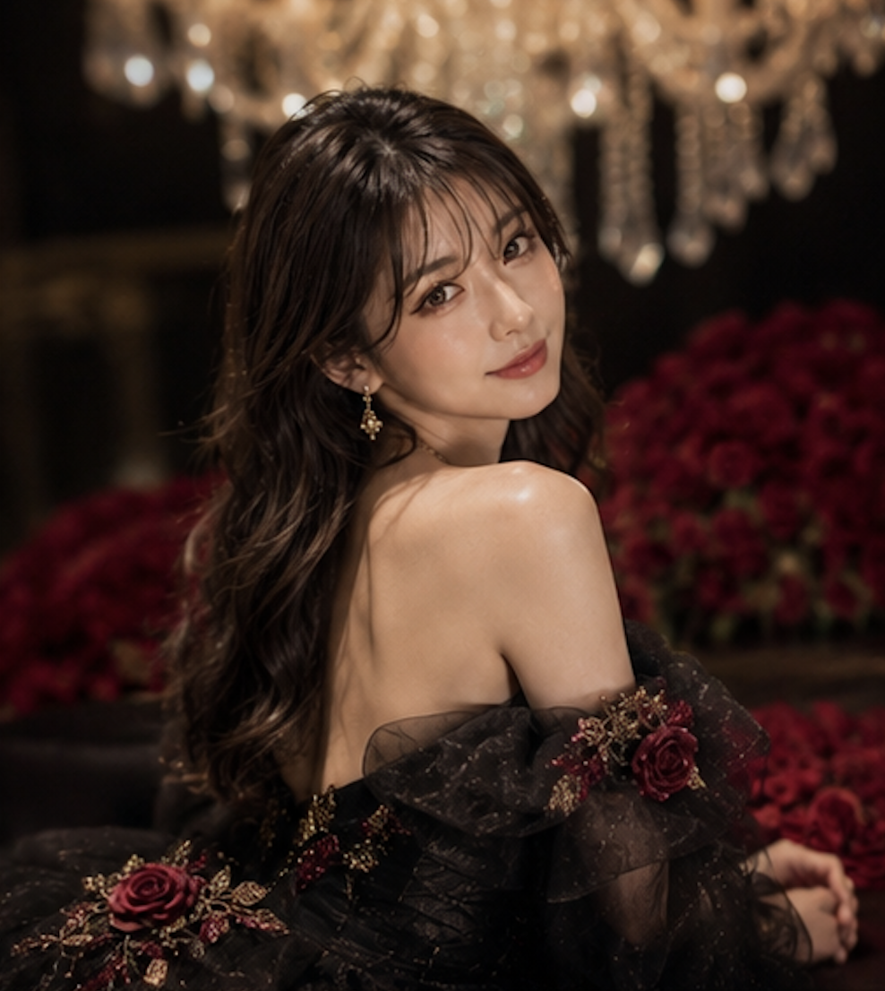 Rina in black dress with chandelier and roses
