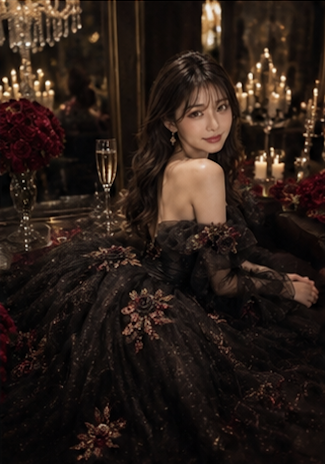 Rina in luxury lounge with champagne and candles