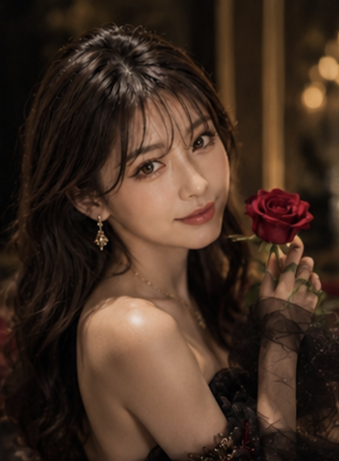 Rina holding a deep red rose